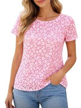 Lilly Pulitzer Pink Floral Lace-Pattern Short Sleeve Top